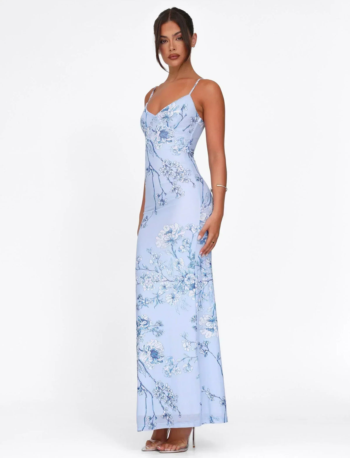 Botanical Floral Print V-Neck Spaghetti Strap Bodycon Maxi Dress