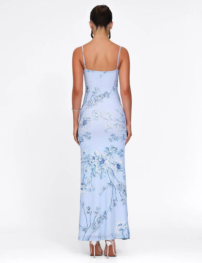 Botanical Floral Print V-Neck Spaghetti Strap Bodycon Maxi Dress