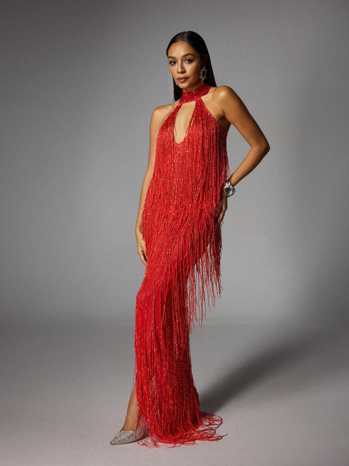 Halter Keyhole Beaded Choker Fringe Side Slit Maxi Dress