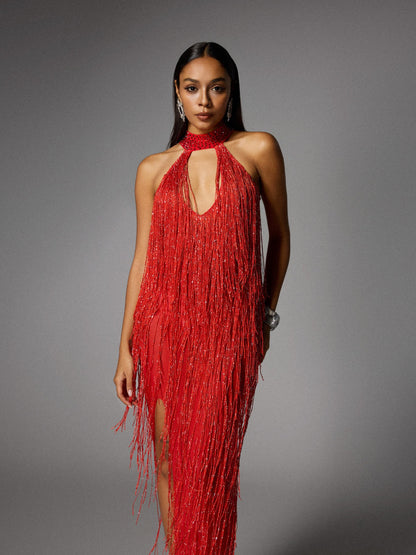 Halter Keyhole Beaded Choker Fringe Side Slit Maxi Dress