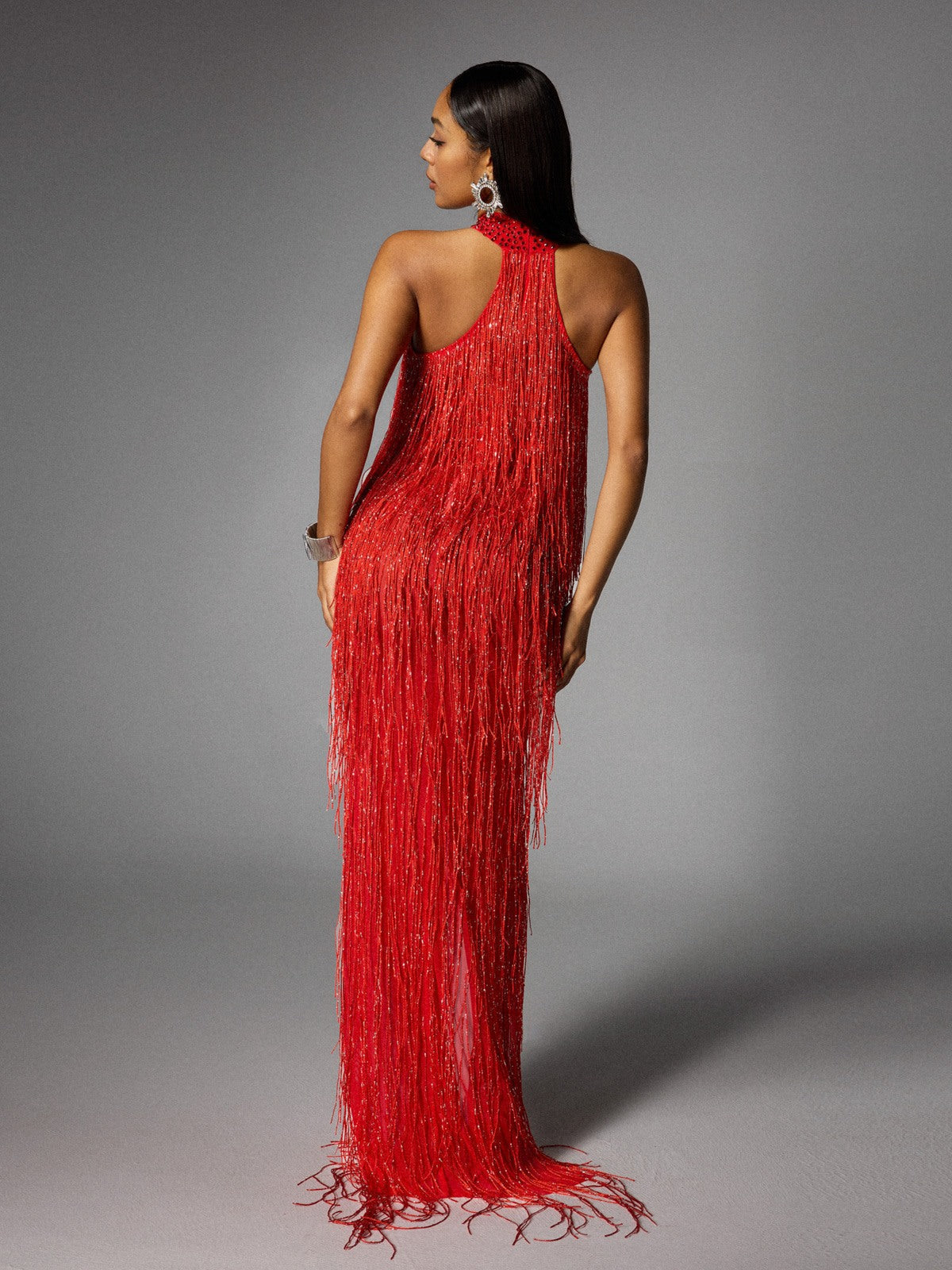 Halter Keyhole Beaded Choker Fringe Side Slit Maxi Dress