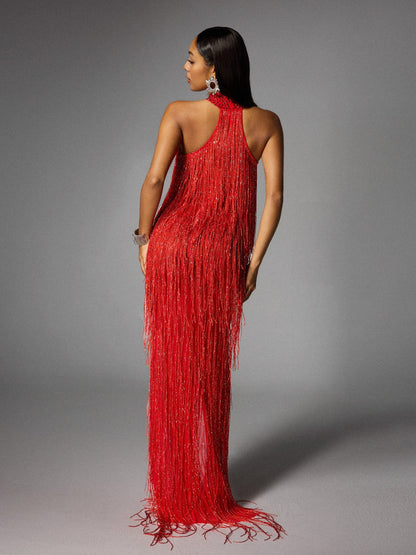 Halter Keyhole Beaded Choker Fringe Side Slit Maxi Dress