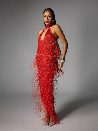 Halter Keyhole Beaded Choker Fringe Side Slit Maxi Dress