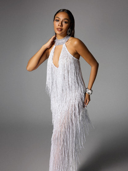 Halter Rhinestone Choker Keyhole Fringe High Slit Maxi Dress