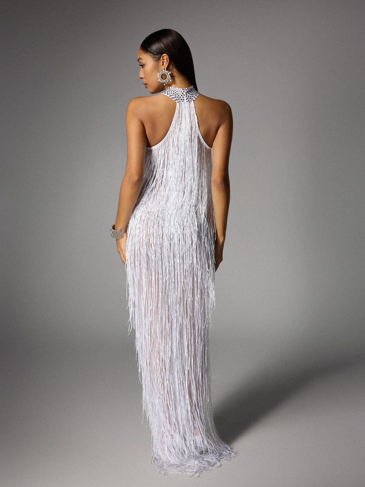 Halter Rhinestone Choker Keyhole Fringe High Slit Maxi Dress