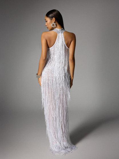 Halter Rhinestone Choker Keyhole Fringe High Slit Maxi Dress