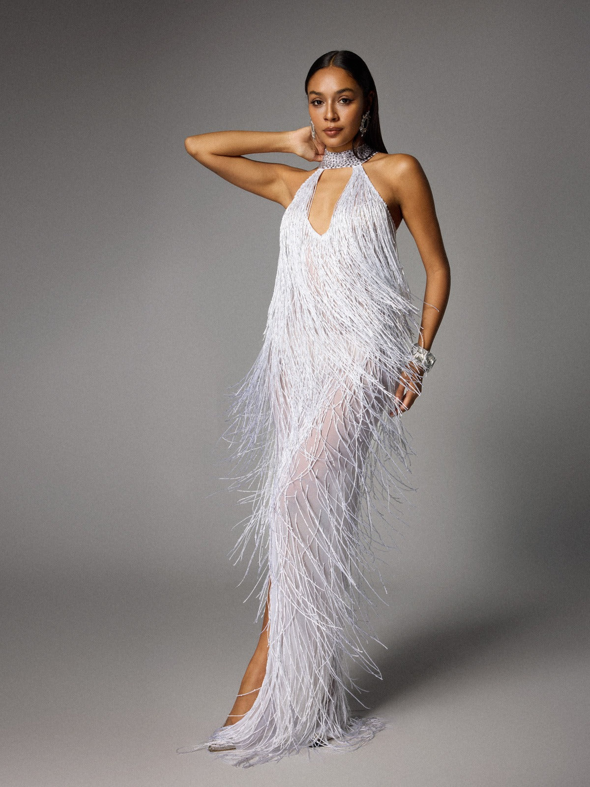 Halter Rhinestone Choker Keyhole Fringe High Slit Maxi Dress