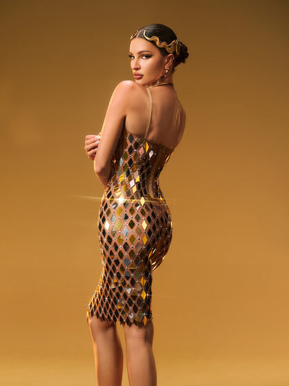 Spaghetti Strap V-Neck Diamond Plate Mesh Bodycon Midi Dress