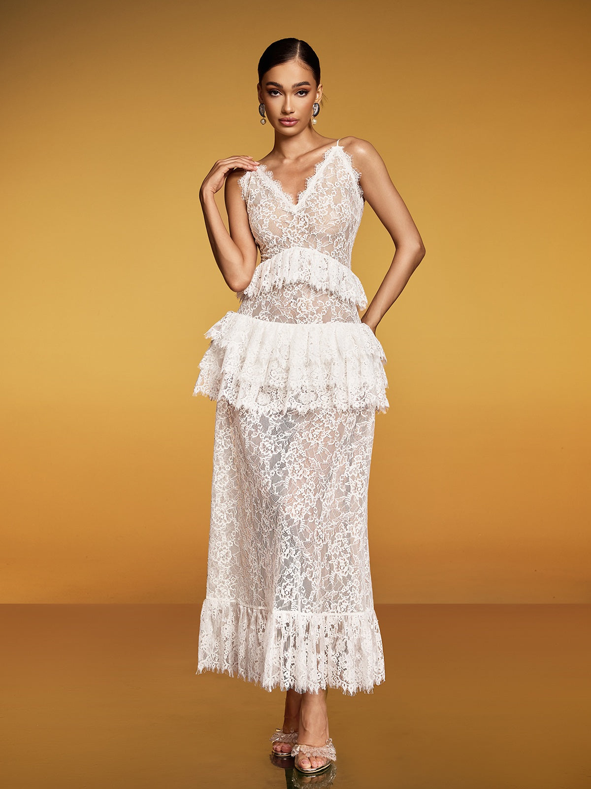Deep V Neck Spaghetti Strap Tiered Ruffle Lace Peplum Scalloped Hem Maxi Dress