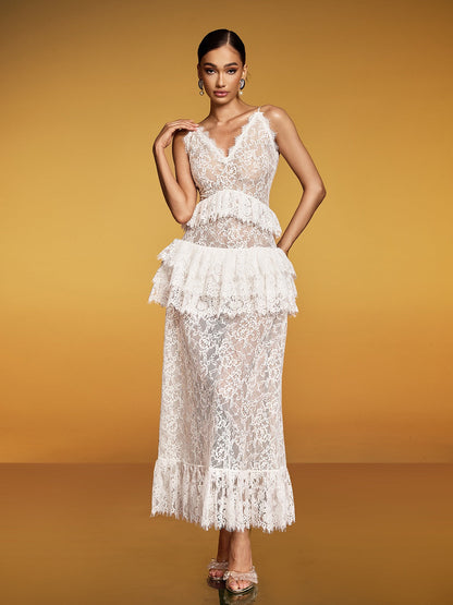 Deep V Neck Spaghetti Strap Tiered Ruffle Lace Peplum Scalloped Hem Maxi Dress