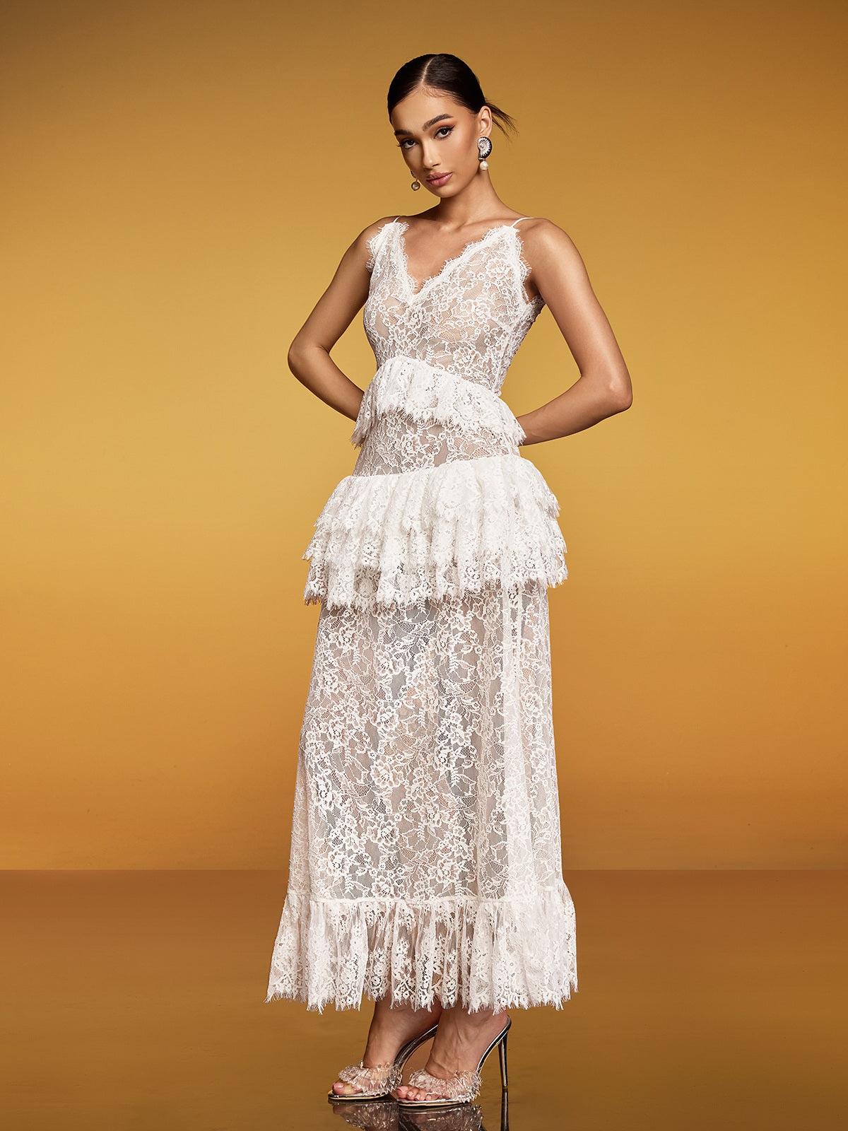 Deep V Neck Spaghetti Strap Tiered Ruffle Lace Peplum Scalloped Hem Maxi Dress