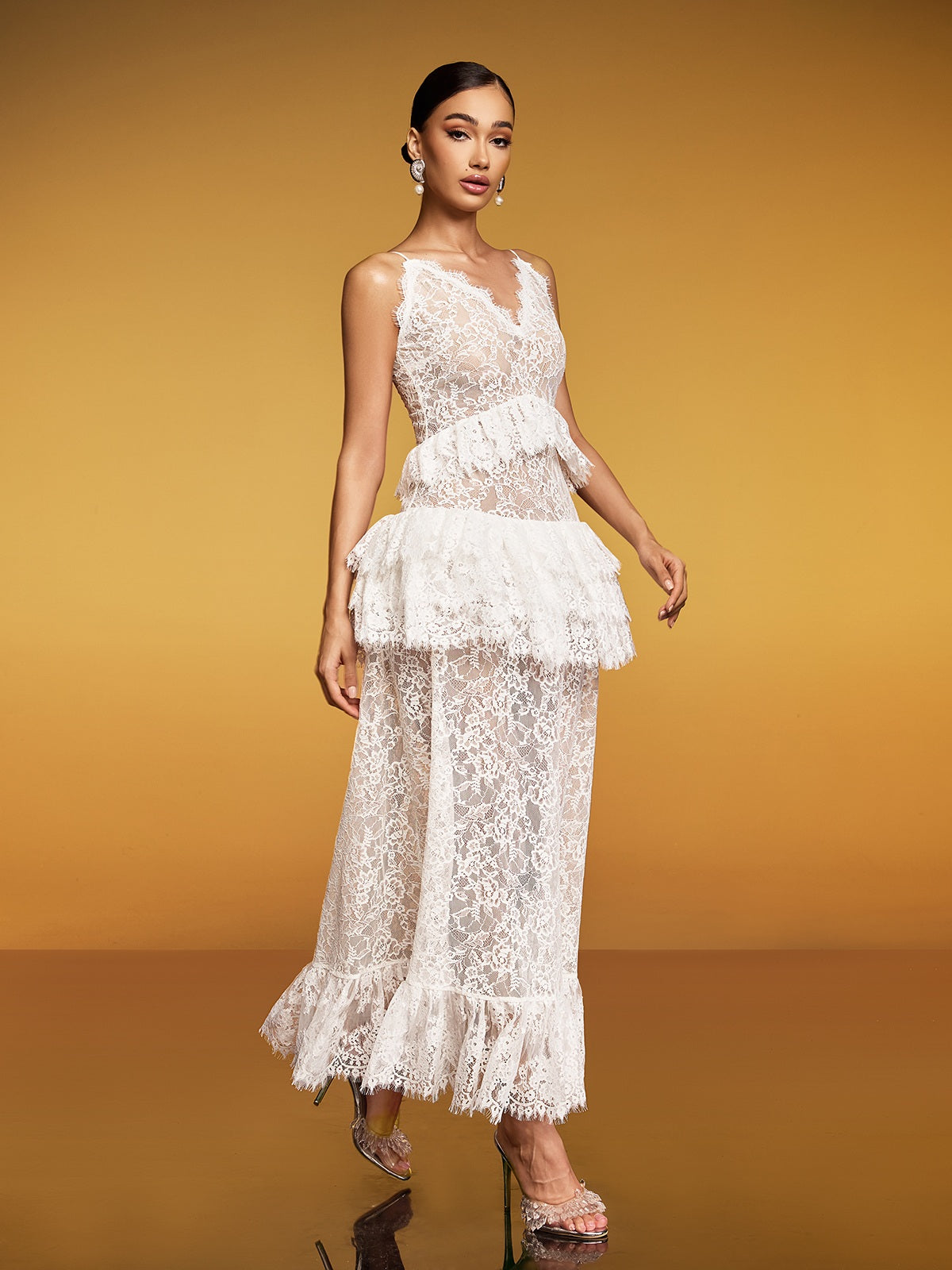 Deep V Neck Spaghetti Strap Tiered Ruffle Lace Peplum Scalloped Hem Maxi Dress