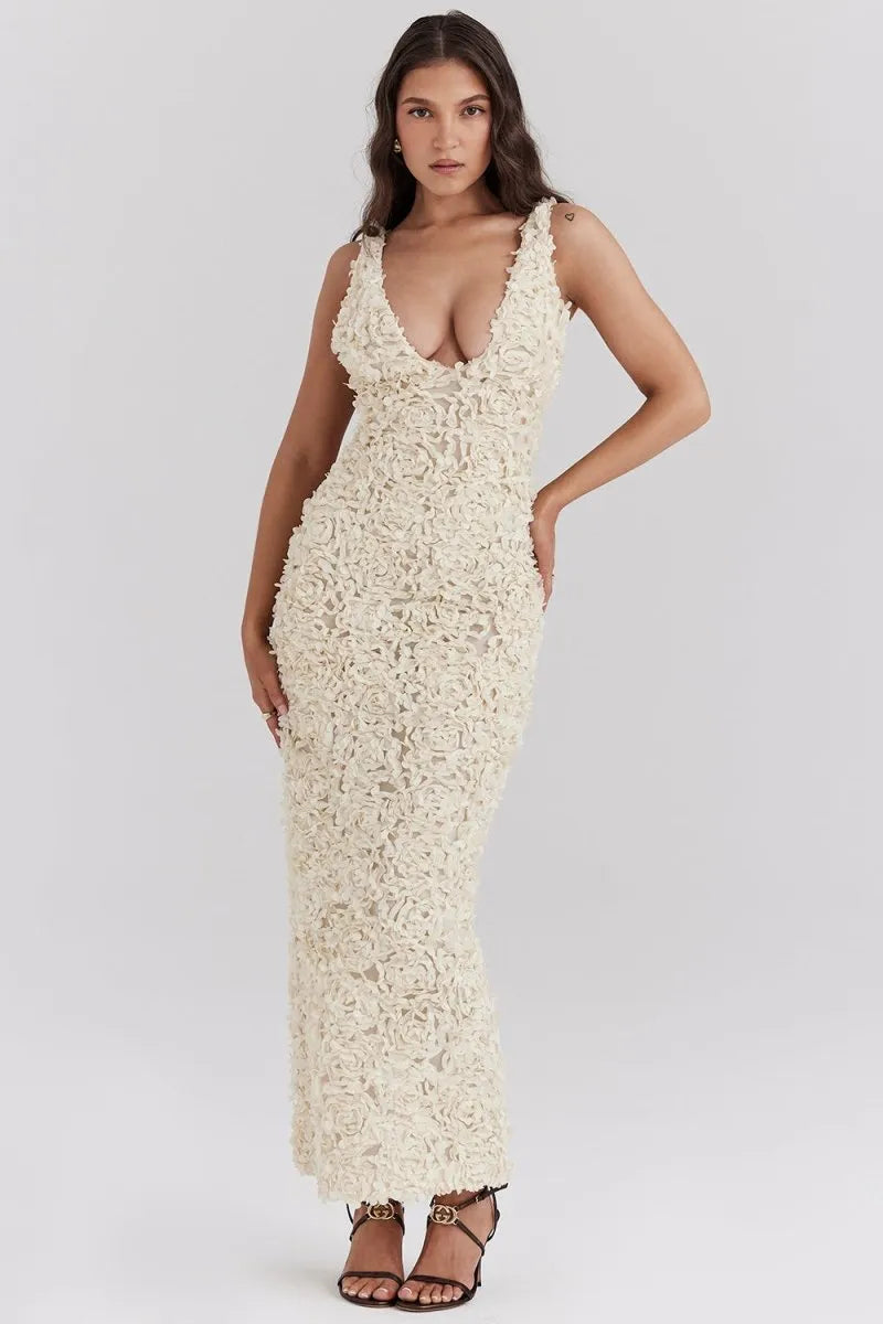 3D Floral Rosette Plunging V-Neck Sleeveless Maxi Gown