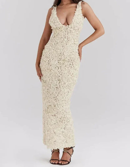 Deep V Neck Sleeveless 3D Floral Applique Fitted Maxi Gown