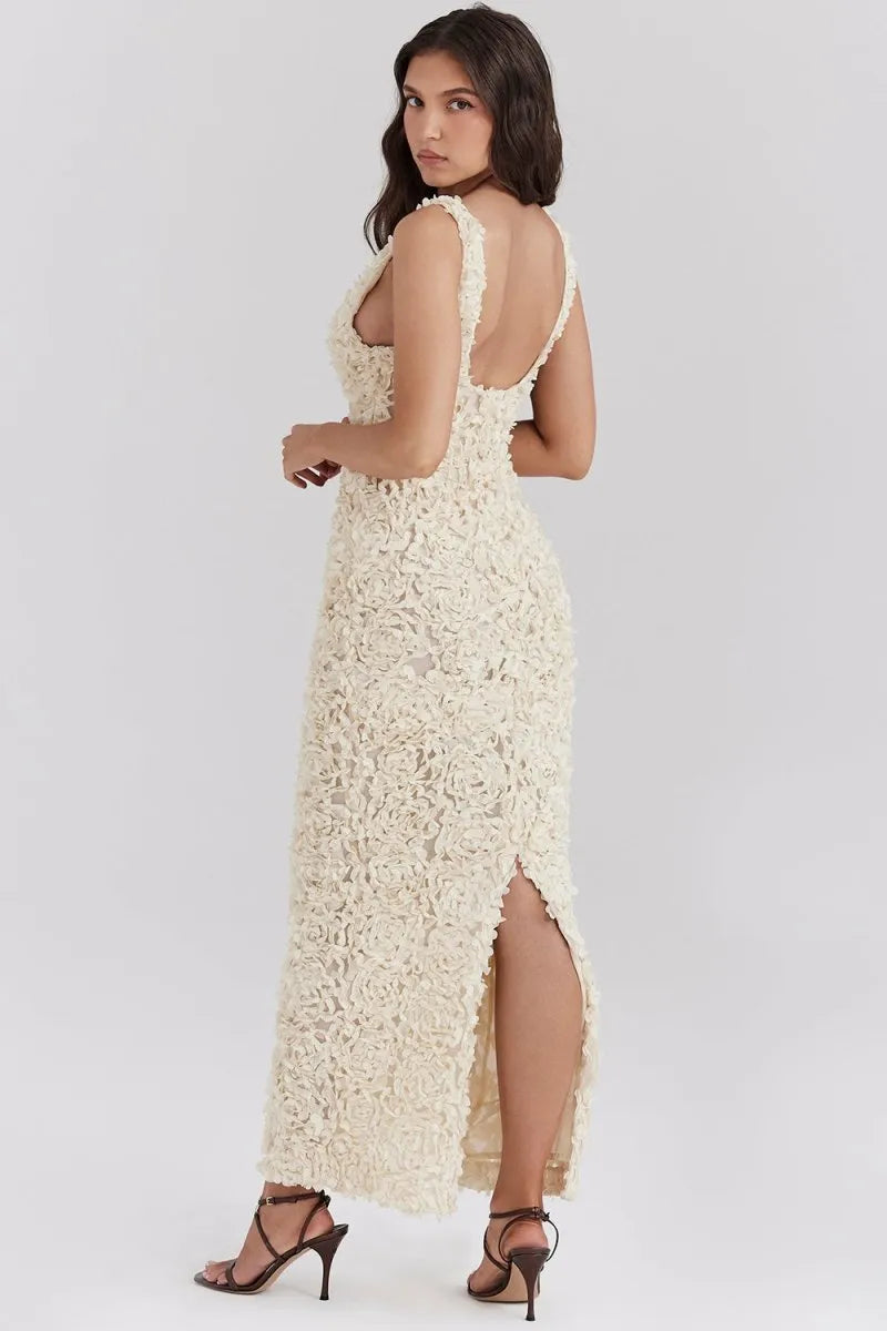 3D Floral Rosette Plunging V-Neck Sleeveless Maxi Gown