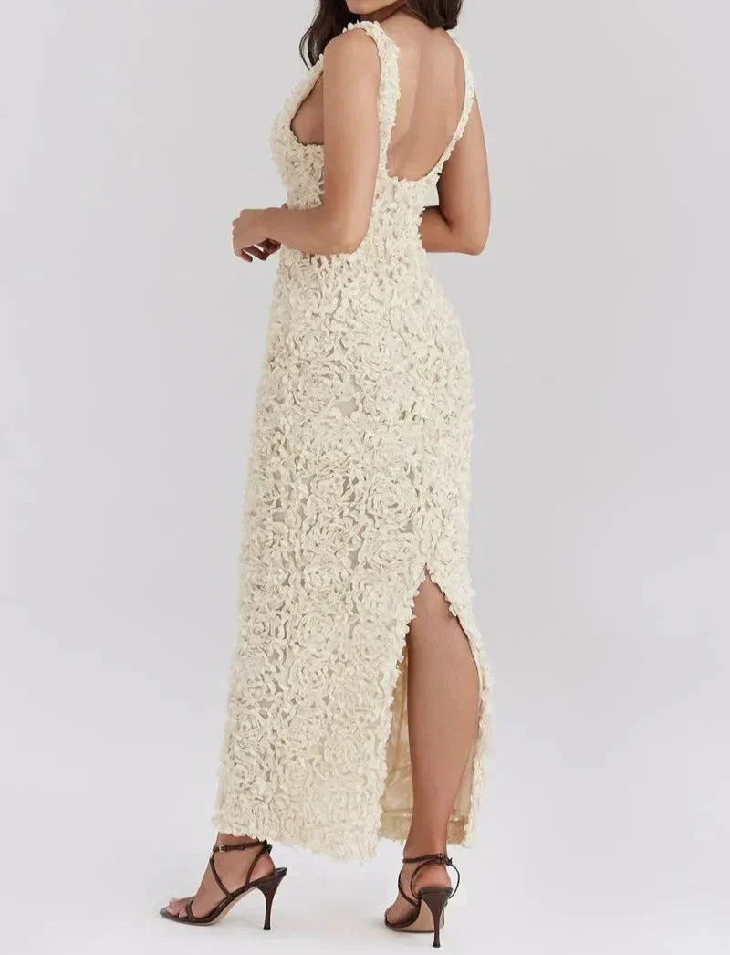 Deep V Neck Sleeveless 3D Floral Applique Fitted Maxi Gown