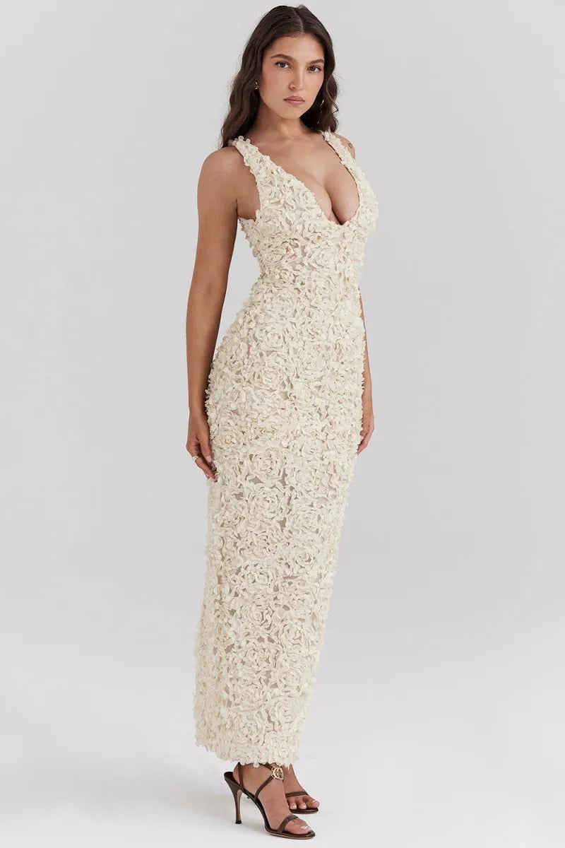3D Floral Rosette Plunging V-Neck Sleeveless Maxi Gown
