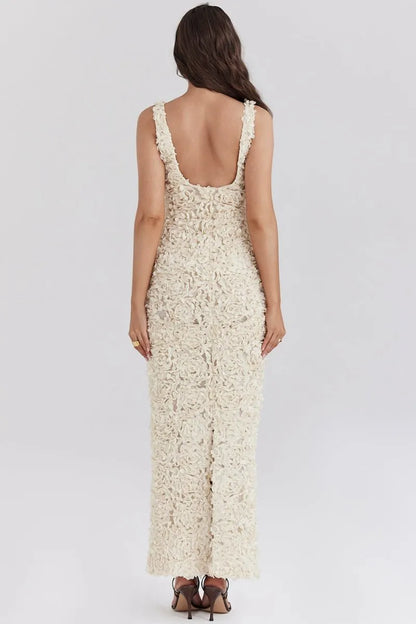 3D Floral Rosette Plunging V-Neck Sleeveless Maxi Gown