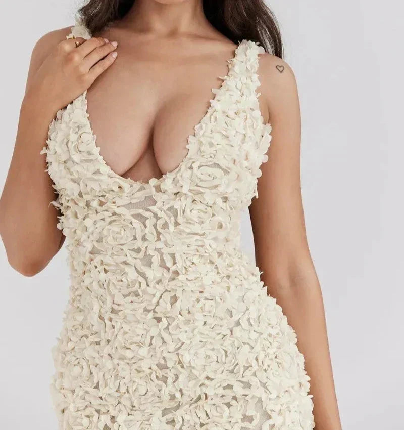 Deep V Neck Sleeveless 3D Floral Applique Fitted Maxi Gown