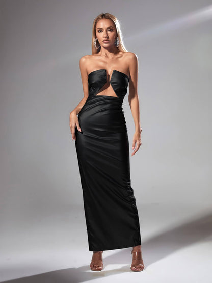 Strapless Notch Neck Keyhole Cutout High Slit Column Maxi Dress