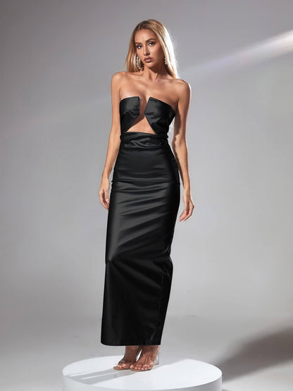 Strapless Notch Neck Keyhole Cutout High Slit Column Maxi Dress
