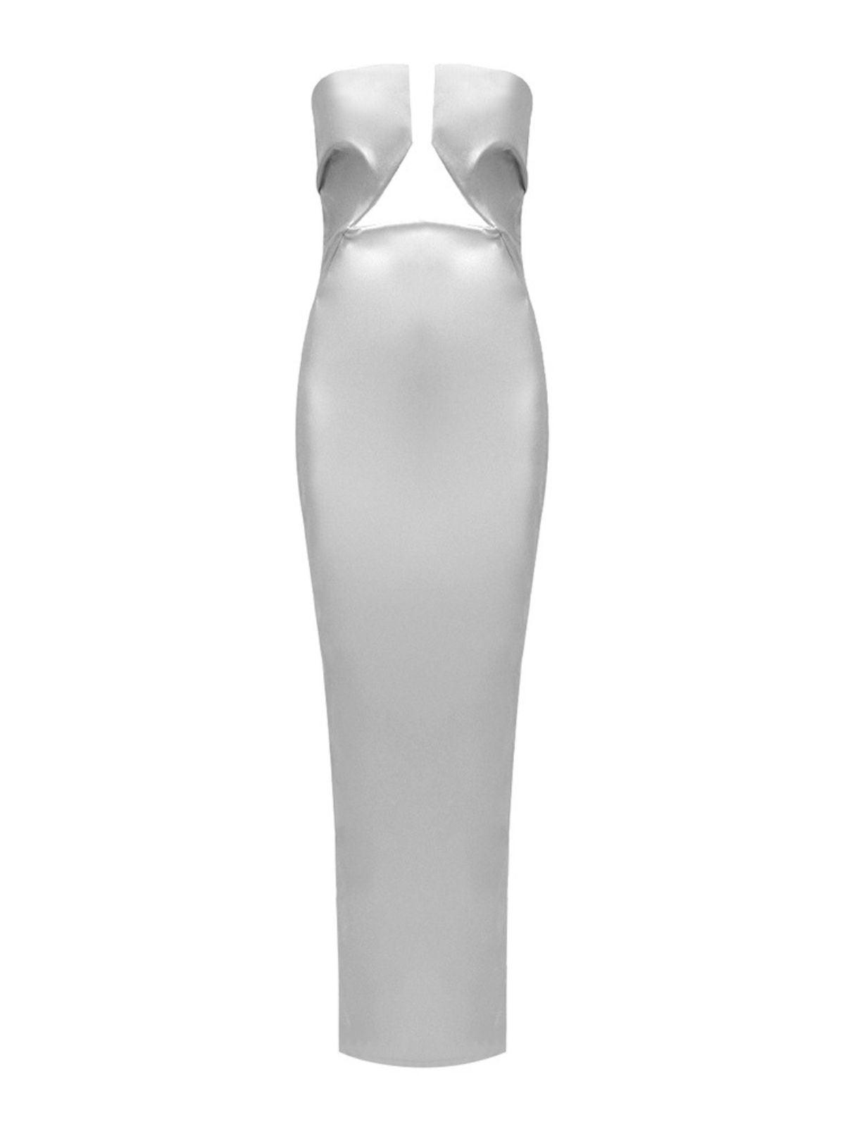 Strapless V Notch Bust Triangle Cutout Metallic Column Maxi Gown