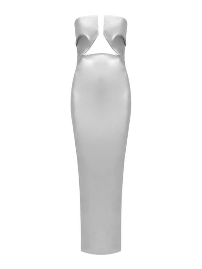 Strapless V Notch Bust Triangle Cutout Metallic Column Maxi Gown