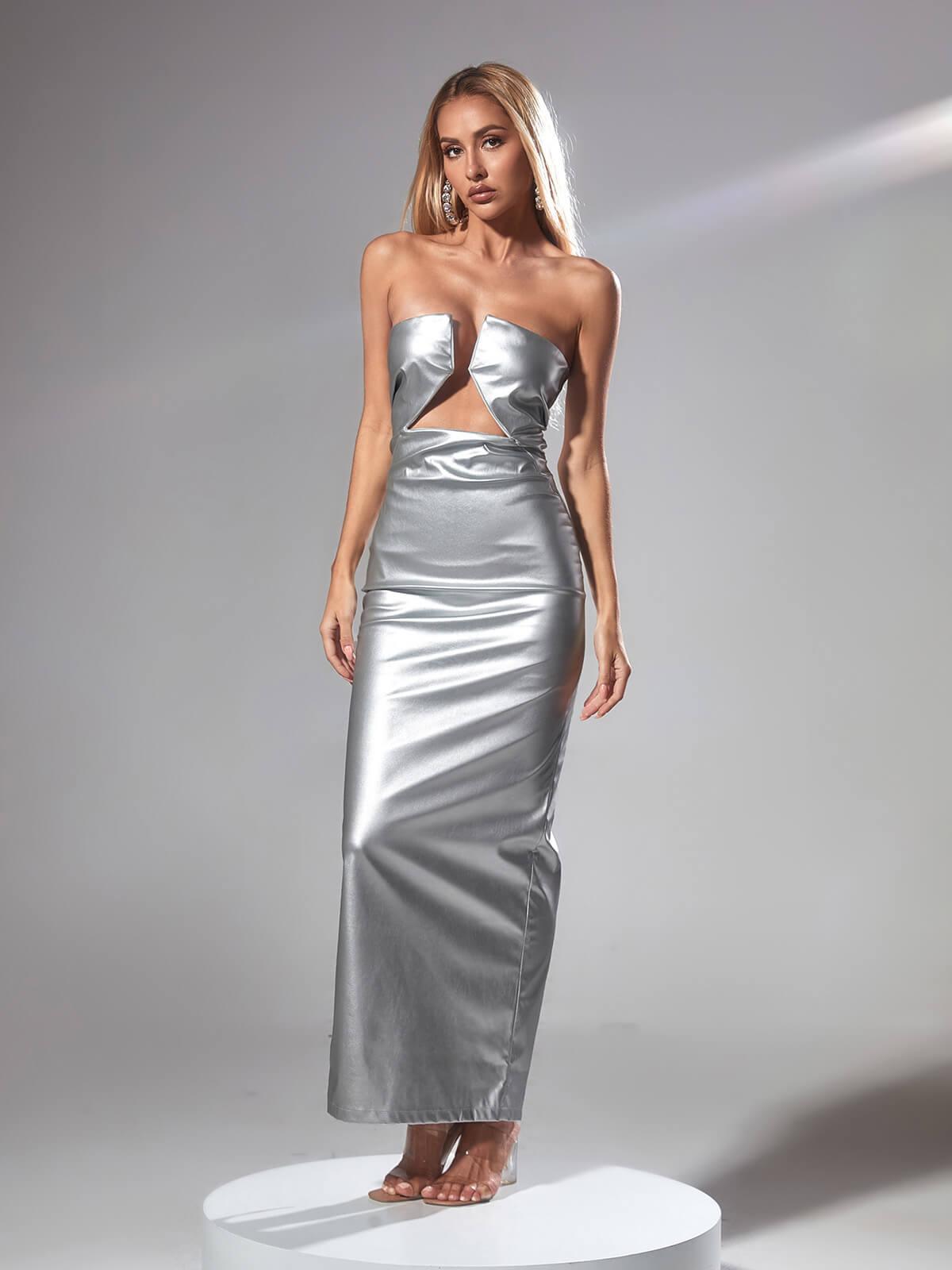 Strapless V Notch Bust Triangle Cutout Metallic Column Maxi Gown