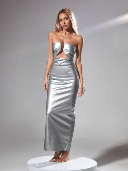 Strapless V Notch Bust Triangle Cutout Metallic Column Maxi Gown