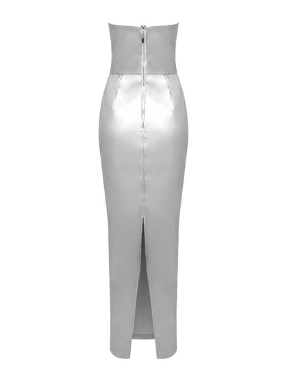 Strapless V Notch Bust Triangle Cutout Metallic Column Maxi Gown