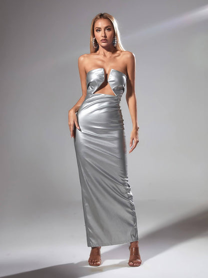 Strapless V Notch Bust Triangle Cutout Metallic Column Maxi Gown