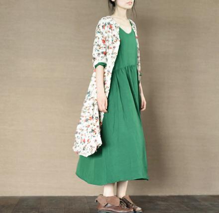 Scoop Neck Empire Waist Pleated Maxi Dress Floral Open Front Duster Set