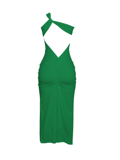 One Shoulder Open Back Ruched Center Back Column Maxi Gown
