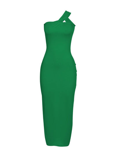 One Shoulder Twist Back Cutout Central Ruched Column Maxi Dress