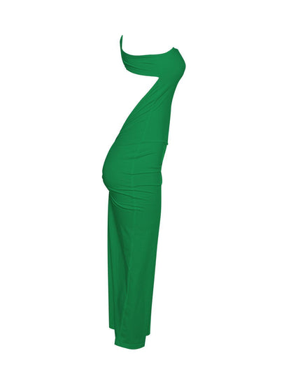 One Shoulder Twist Back Cutout Central Ruched Column Maxi Dress