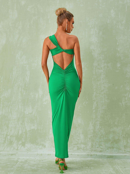 One Shoulder Twist Back Cutout Central Ruched Column Maxi Dress