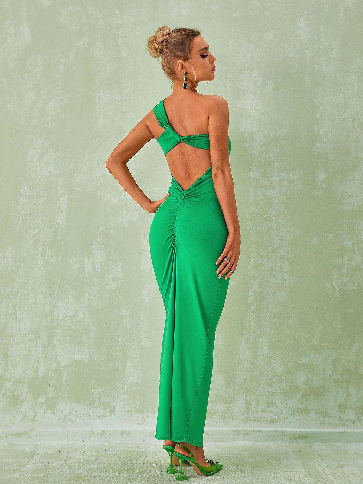 One Shoulder Open Back Ruched Center Back Column Maxi Gown