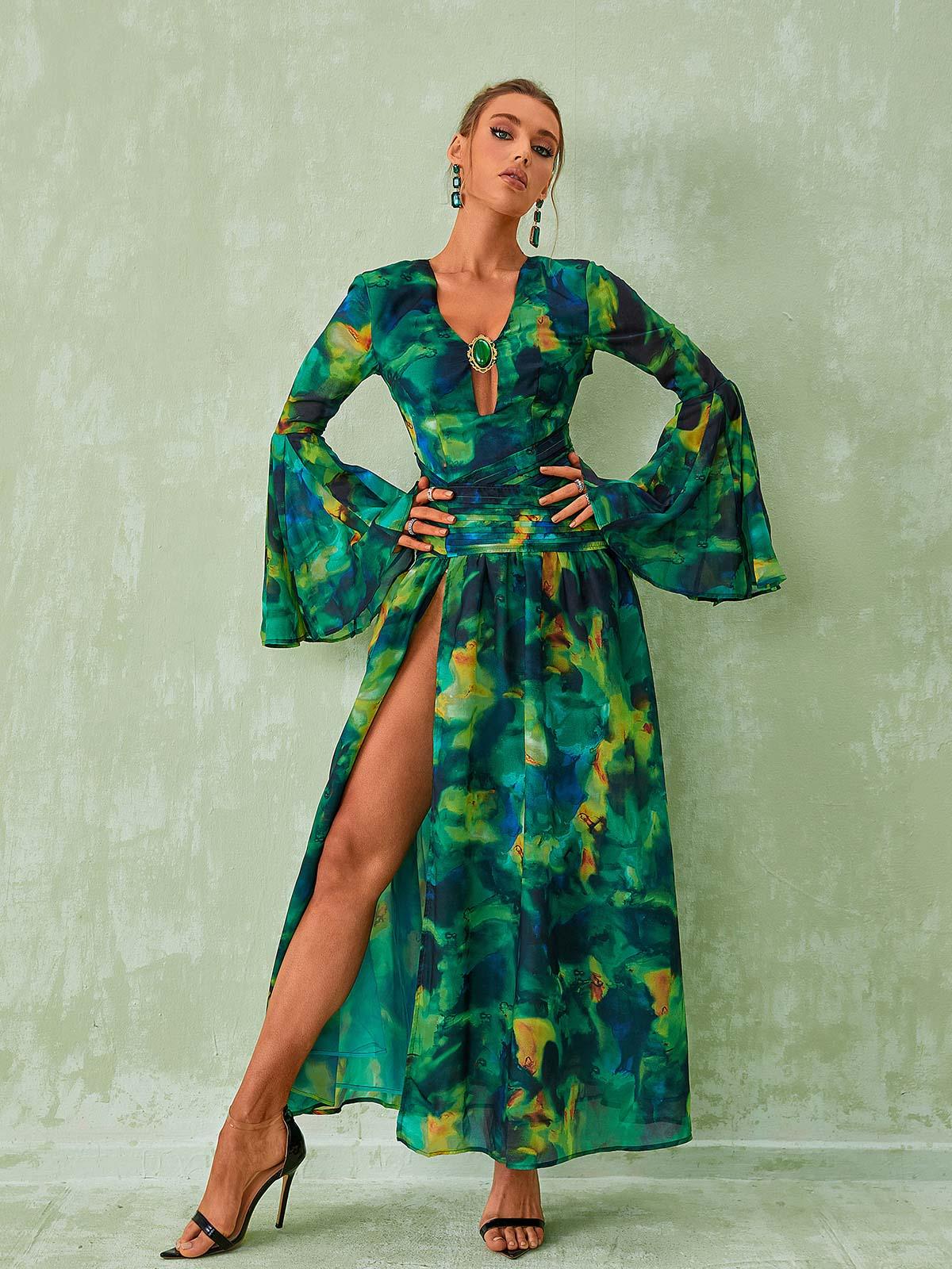 Deep V-Neck Keyhole Brooch Bell Sleeve Watercolor Print Slit Maxi Gown