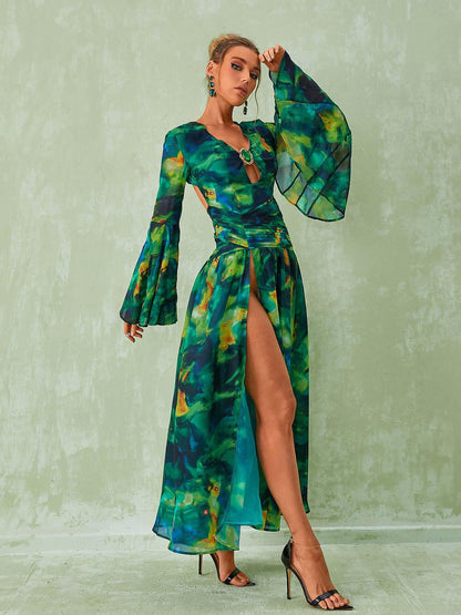 Deep V-Neck Keyhole Brooch Bell Sleeve Watercolor Print Slit Maxi Gown