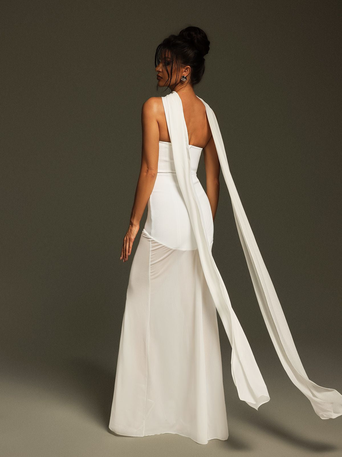 Strapless Corset Bodice Asymmetric Neckline Sheer Scarf Drape Floor Length Gown
