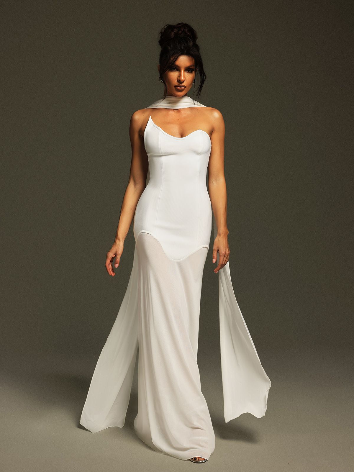 Strapless Corset Bodice Asymmetric Neckline Sheer Scarf Drape Floor Length Gown
