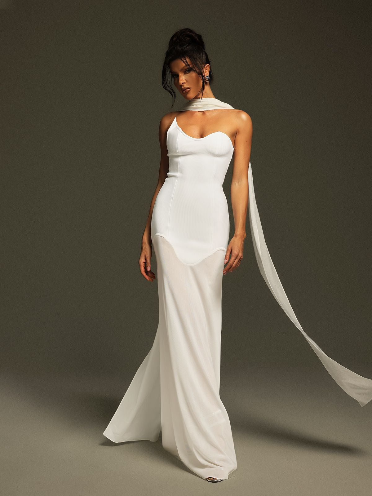 Strapless Corset Bodice Asymmetric Neckline Sheer Scarf Drape Floor Length Gown