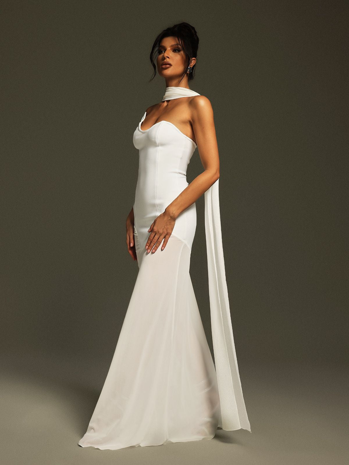 Strapless Corset Bodice Asymmetric Neckline Sheer Scarf Drape Floor Length Gown
