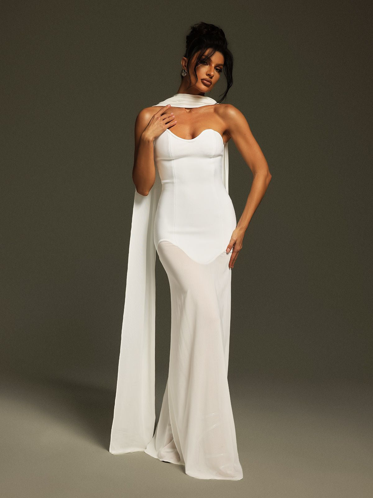 Strapless Corset Bodice Asymmetric Neckline Sheer Scarf Drape Floor Length Gown
