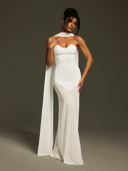 Strapless Corset Bodice Asymmetric Neckline Sheer Scarf Drape Floor Length Gown