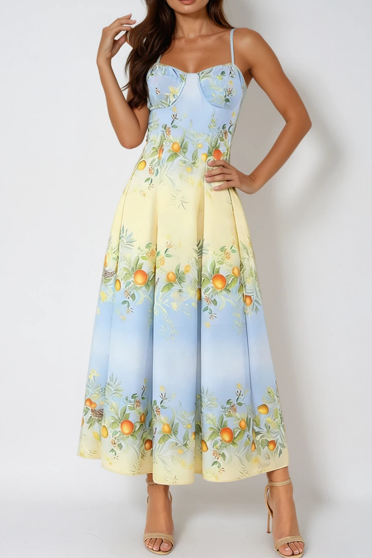 Sweetheart Bustier Print Box Pleat Midi Dress
