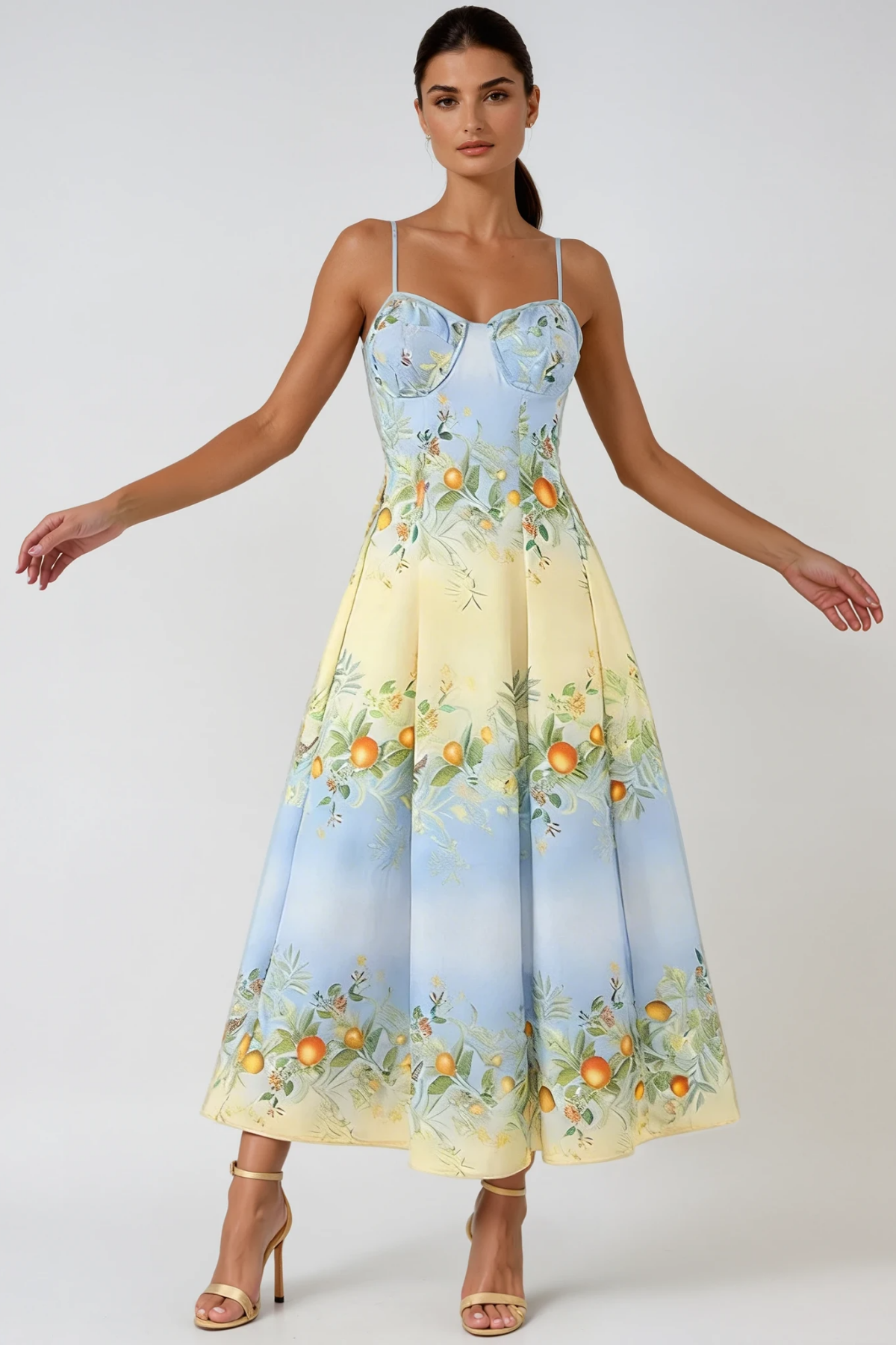 Sweetheart Bustier Print Box Pleat Midi Dress