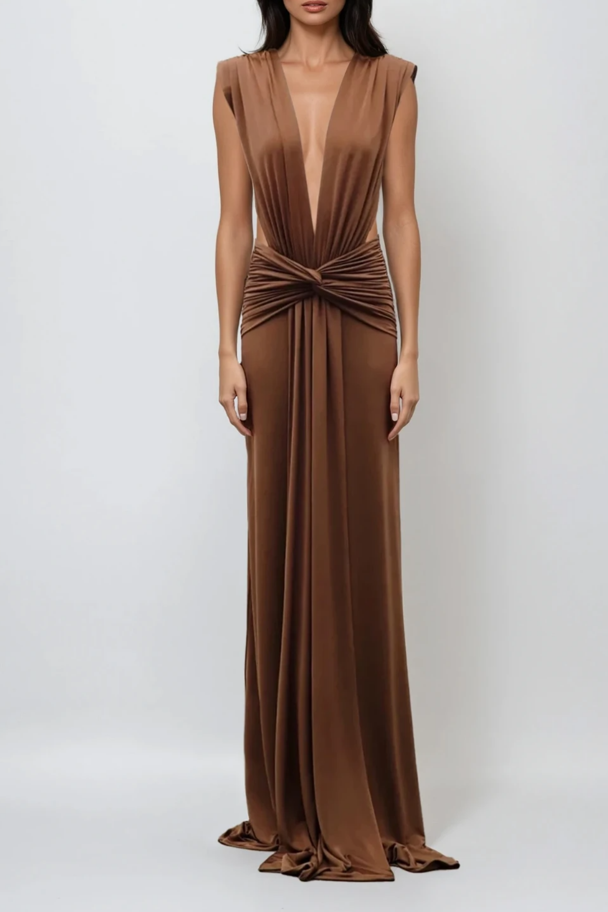 Plunging V Neck Cap Sleeve Twist Waist Cutout Maxi Dress