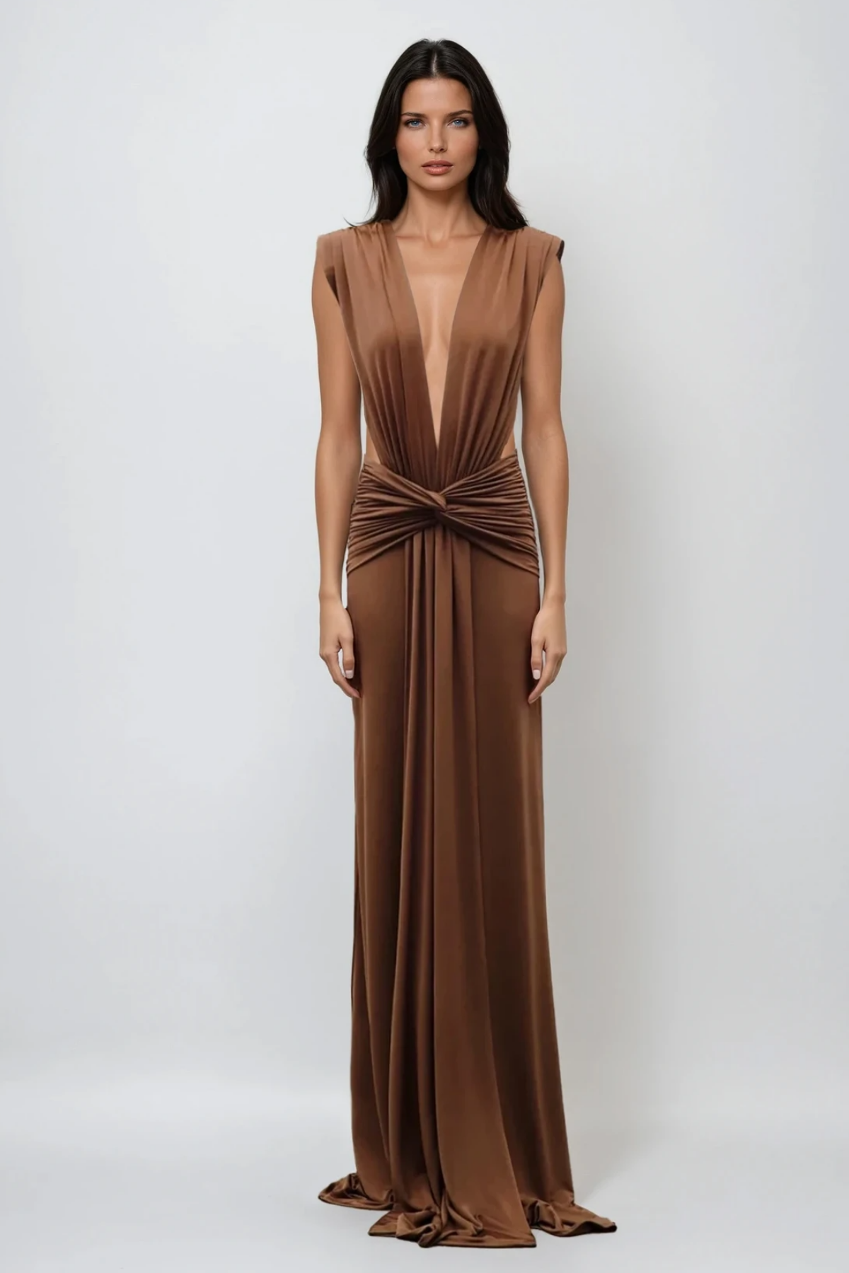 Plunging V Neck Cap Sleeve Twist Waist Cutout Maxi Dress