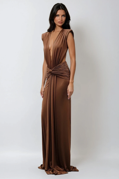Plunging V Neck Cap Sleeve Twist Waist Cutout Maxi Dress